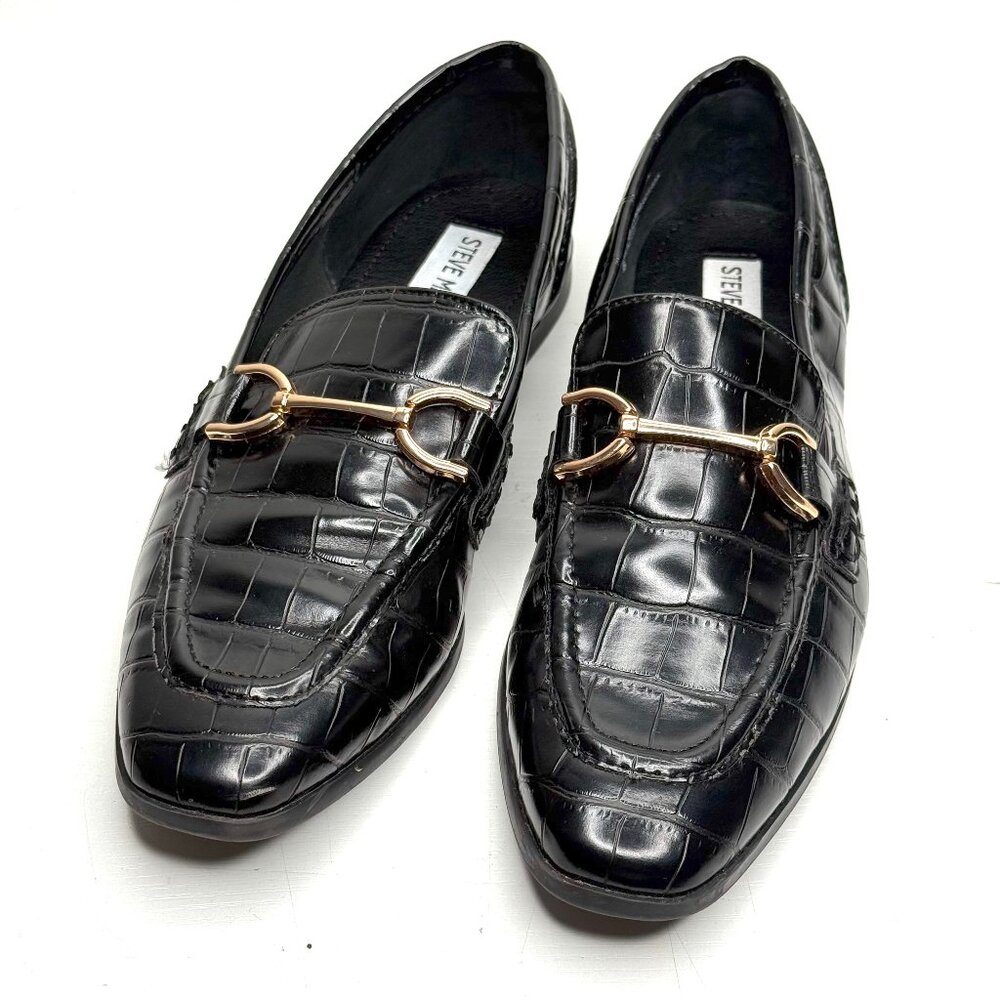 Steve Madden Carrine Faux Leather Croc Horsebit Buckle Loafers Womens 7.5 Black